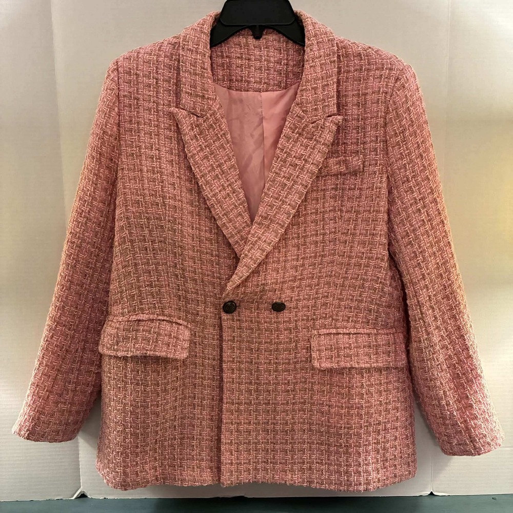 Unbranded Tweed Blazer Womens L Pink Gold Metallic Double Breasted Jacket